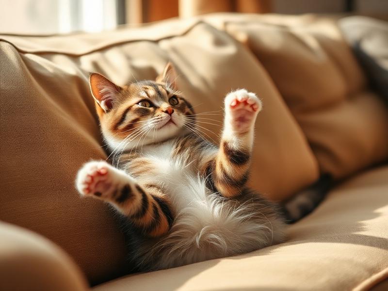 Eine Katze streckt ihre Pfoten auf einer strukturierten Leinen-Couch aus