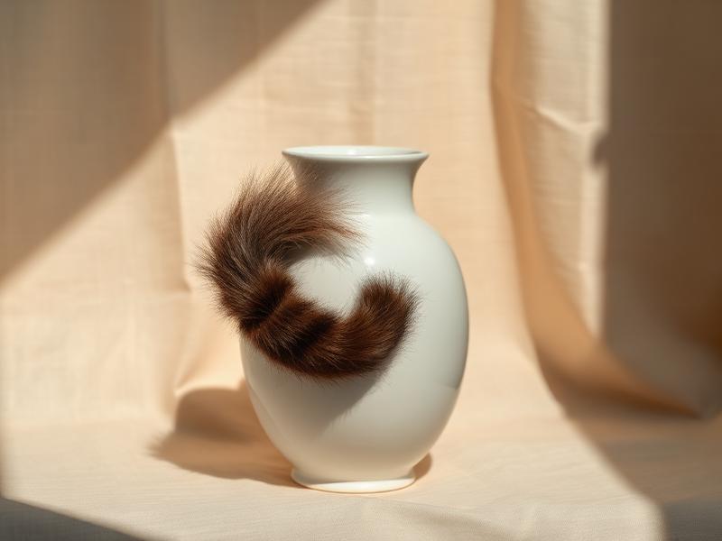Abstrakte Ansicht eines sanft geschwungenen Katzenschwanzes um eine weiße Porzellanvase